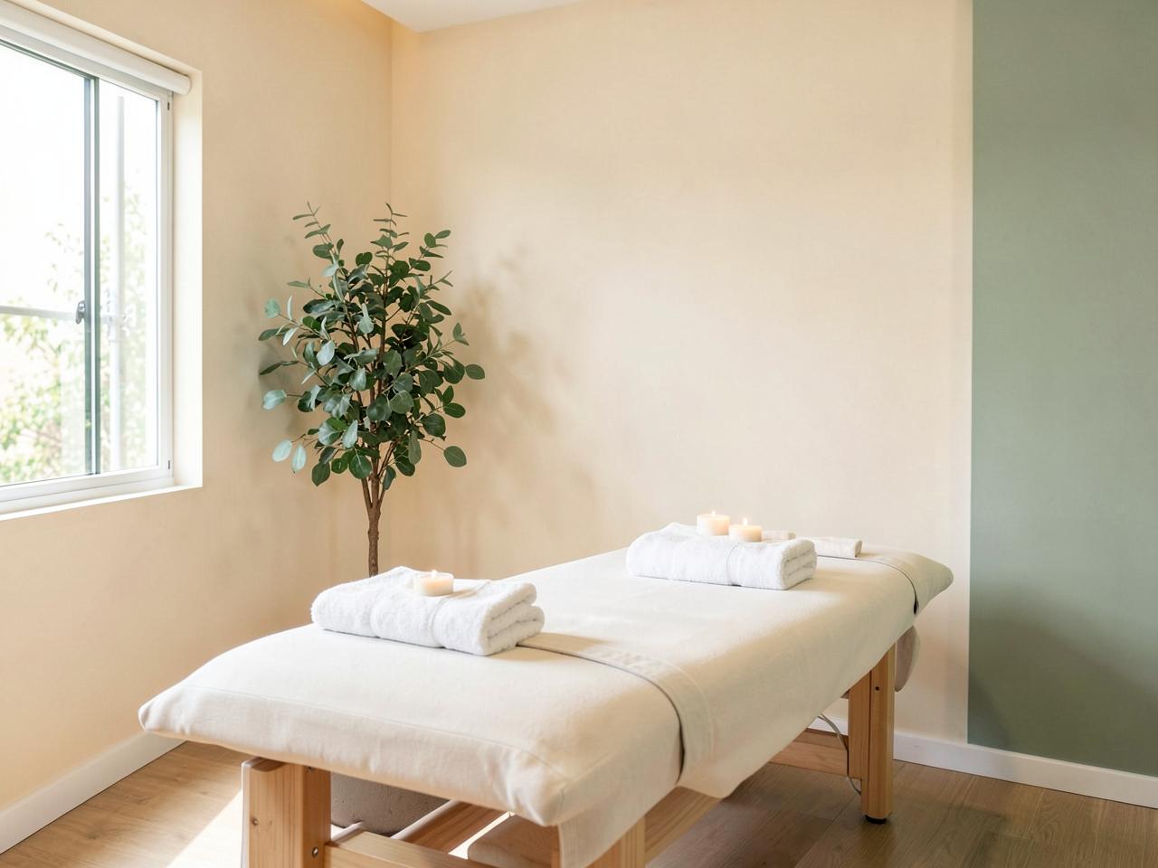 Rustige massageruimte met massagetafel en witte handdoeken