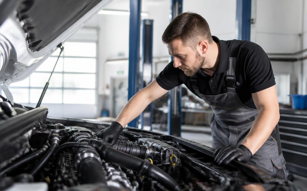 Monteur werkt aan een auto in de werkplaats